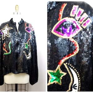 Moon & Stars Jewel Sequin Coat / Vintage Stud Beaded Whimsical Bomber Jacket