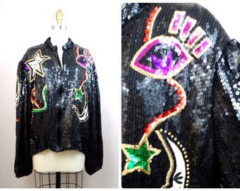 Moon & Stars Jewel Beaded Sequin Coat / Vintage Sequined Whimsical Bomber Jacket