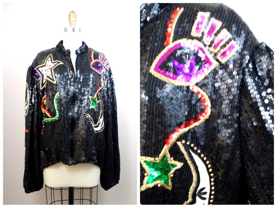 Moon & Stars Jewel Beaded Sequin Coat / Vintage S… - image 1