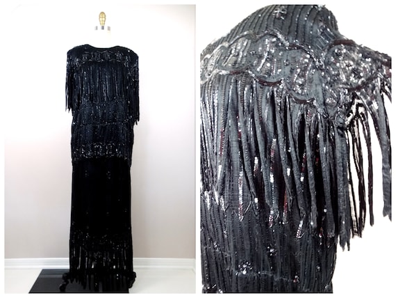 70s Black Lace Beaded 2 pc Fringe Gown // Art Dec… - image 1