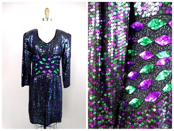 VTG Mardi Gras Sequin Dress / Vintage Black Green… - image 1