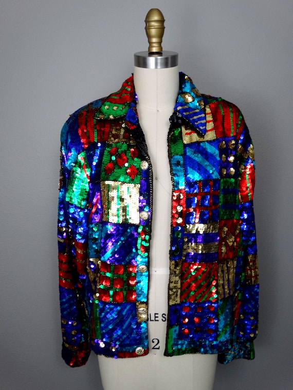 Colorblock Christmas Sequin Jacket / Colorful Pre… - image 4