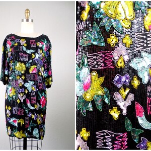 Bright Glam Beaded Mini Dress / Retro Neon Pink Yellow Floral Black Sequin Mini Dress
