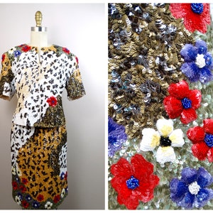 VTG Couture Floral Sequin Top and Skirt // Vintage Animal Print Sequined Dress Zipper Jacket Set by Richilene