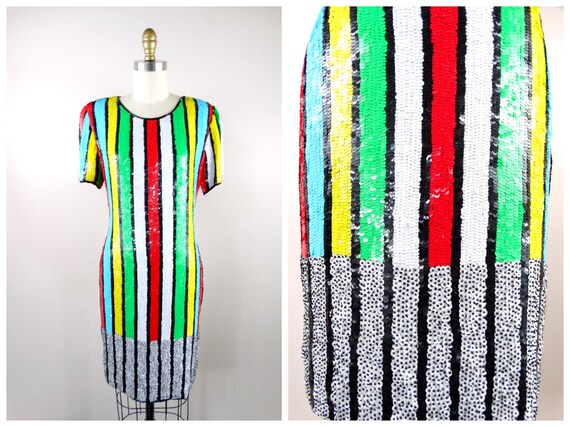 S/M Neon Striped Sequined Dress // Bright Stripes… - image 4