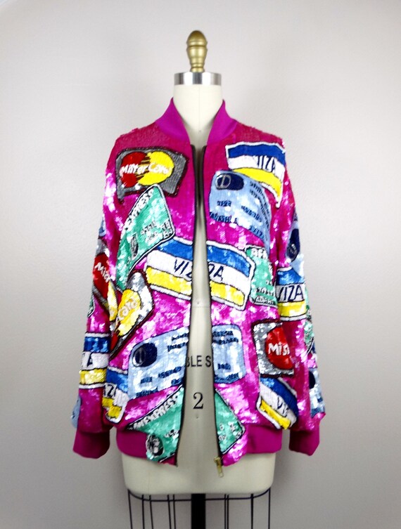 RARE Credit Card Sequin Jacket / Novelty Hot Pink… - image 2
