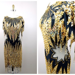Sheer Peekaboo Beaded Fringe Dress / Black and Gold Art Deco Dress / Mesh Sequined Beaded Dress