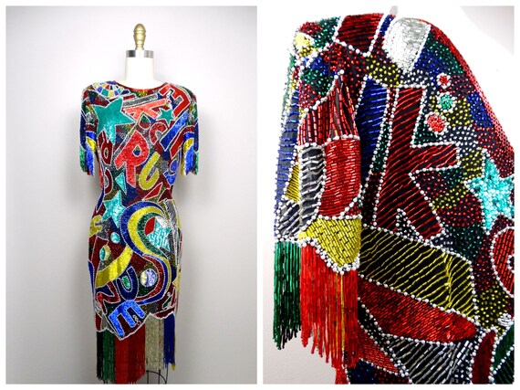 FUNKY Couture Fringe Beaded Dress // Rainbow Sequ… - image 7