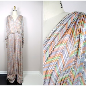 Bob Mackie Vintage Beaded Gown // Pastel Pink Silk Embellished Art Deco Wedding Dress // Heavily Beaded Couture Gown w/ Deep Plunging V Neck