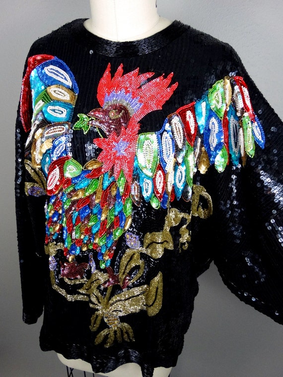 WILD Abstract Bird Beaded Sequined Blouse / Rainb… - image 4