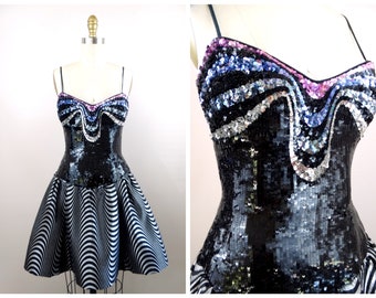 90s Couture Cocktail Party Dress // Designer Vintage Sequin Dress // 1990’s Glam Bustier Mini Dress XS