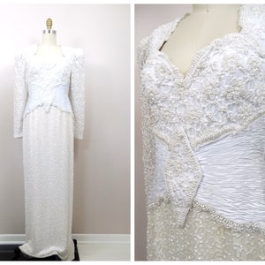 Vintage Pearl Beaded Wedding Dress / White Lace Embellished Bridal Gown image 1