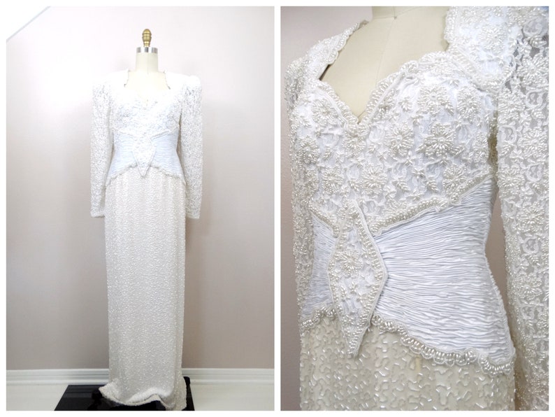 Vintage Pearl Beaded Wedding Dress / White Lace Embellished Bridal Gown image 1