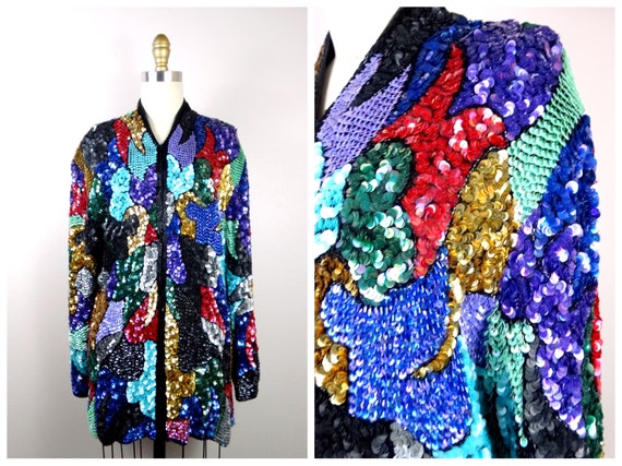 RARE Mosaic Sequin Jacket / Colorful Embellished … - image 1