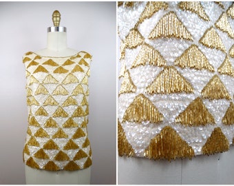 50er 60er Jahre MOD Fransen Perlen Gold Top / 1950er 1960er Jahre