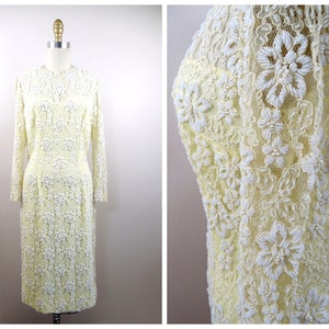 60s White Beaded Pale Yellow Lace Dress • Mid Century 1960s Vintage Heavily Embellished Dress