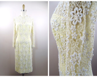 Vintage 60s Beaded Lace Dress • Pale Yellow, Mid-Century Couture
