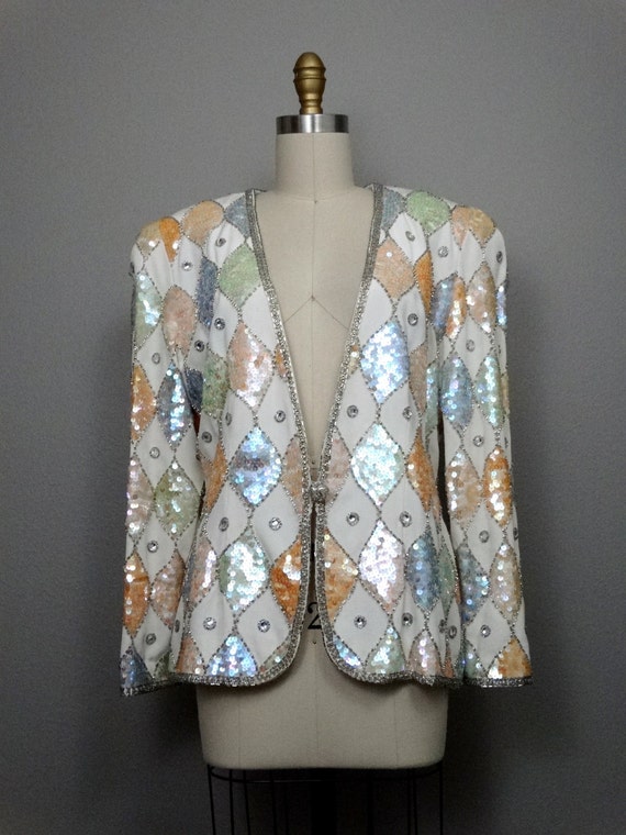 VTG Sequin Embellished Iridescent Ivory Blazer / … - image 3