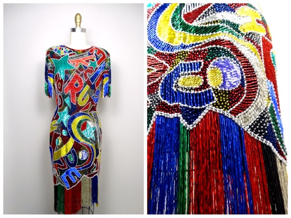 FUNKY Couture Fringe Beaded Dress // Rainbow Sequ… - image 4