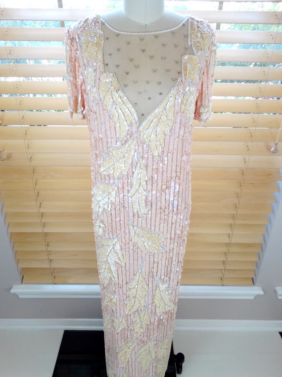 VTG Pink & Ivory Sequin Gown // Iridescent Vintag… - image 4