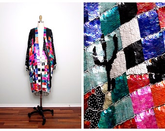 INCREDIBLE Retro Fully Sequined Kimono / Color Block Jacket / Bright Sequin Embellished Long Jacket