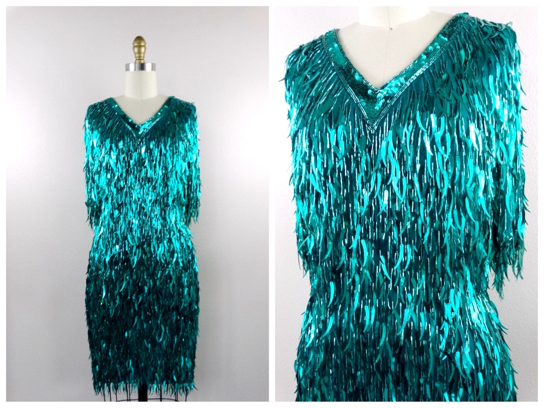 RARE Teal Sequined Fringe Beaded Dress // Glam Turquoise Cattail Sequin ...