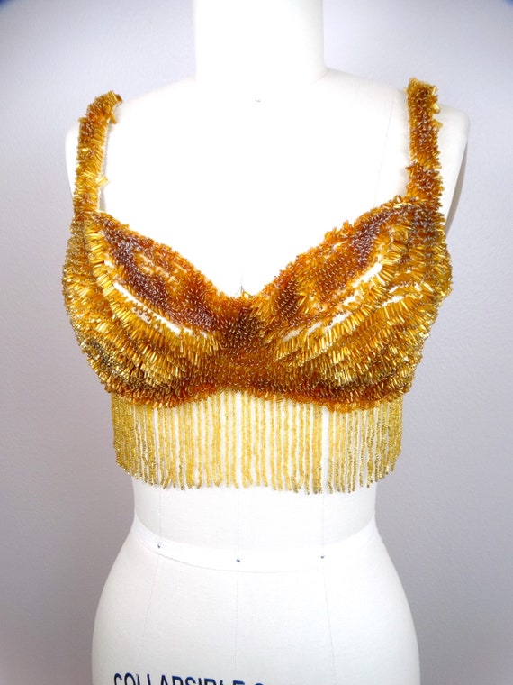 VTG Fringe Beaded Bra // Gold Embellished Madonna Bustier // Gold