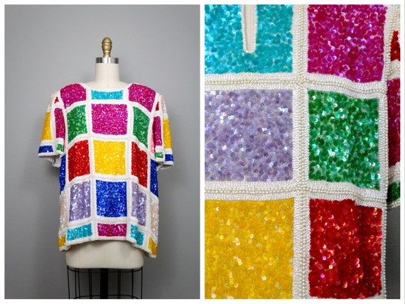 Plus Size Colorblock Sequin Boxy Top // Rainbow C… - image 1