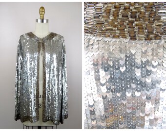 L/XL Reflective Sequin Open Cardigan / Mirror Silver Sequined Embellished Glass Beaded Silk Jacket