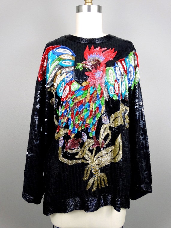 WILD Abstract Bird Beaded Sequined Blouse / Rainb… - image 2