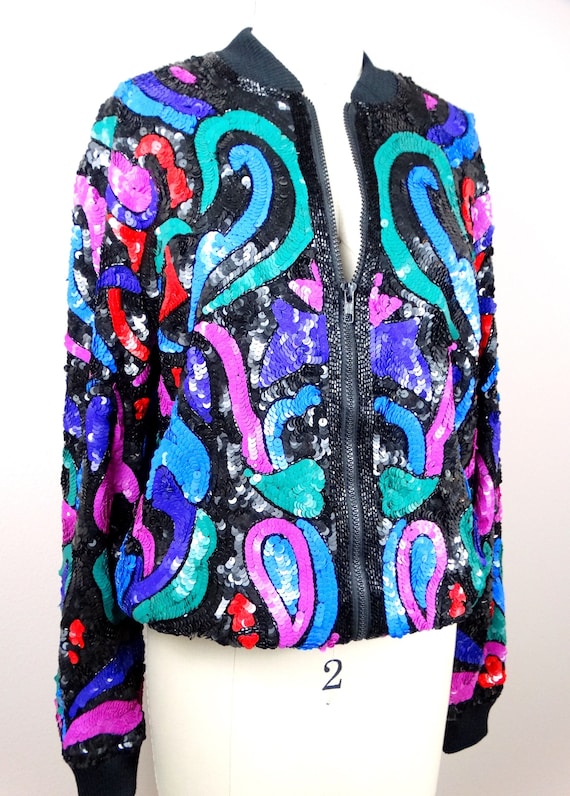 Bright Sequin Bomber Jacket / 1980's Sequined Var… - image 3