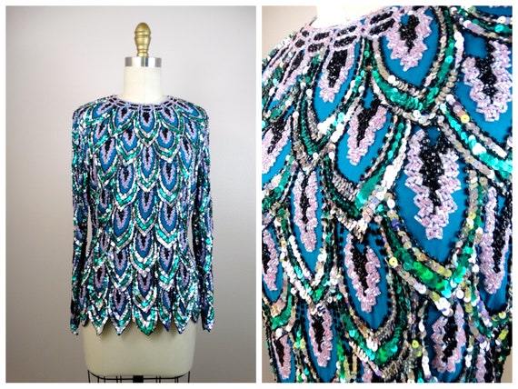 Dazzling Sequined Top // Sparkling Teal Turquoise… - image 1