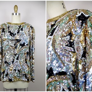 Oleg Cassini Heavy Beaded Top / Sparkly Sequin Embellished Fancy Formal Vintage Evening Blouse Size Large XL