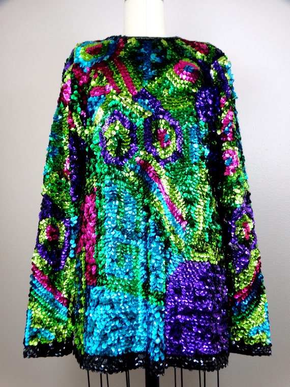 Bright Sparkling Sequin Tunic Top // Kelly Green … - image 3