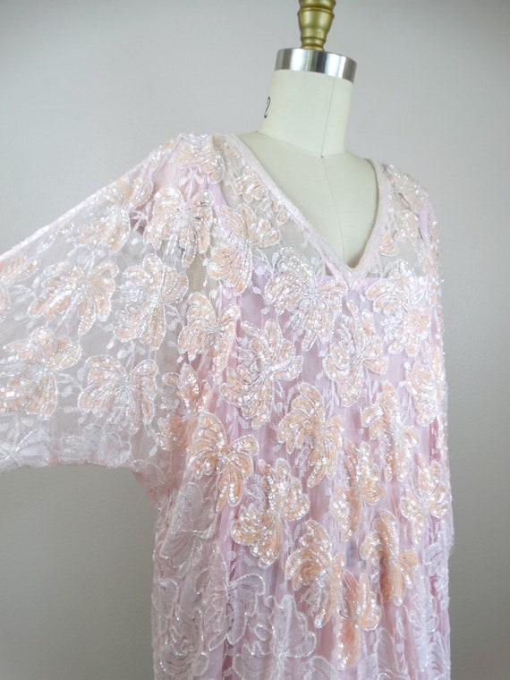 70s 80s Pink Lace Beaded Iridescent Sequined Tuni… - image 3