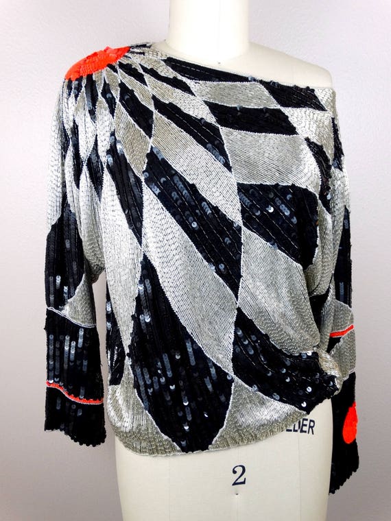 HEAVY Beaded Dolman Sleeve Top / NEON Sequined Co… - image 4