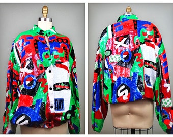 90er Jahre Streetwear Couture Pailletten Mantel von Jeanette Kastenberg / Retro Neon Abstrakte Graffiti Kunst Voll Pailletten Bomber Jacke .. SUPER!!