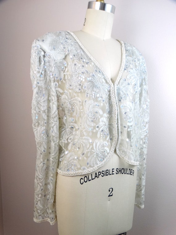 L/XL Sheer Sequined Lace Cardigan / Light Blue Gr… - image 4