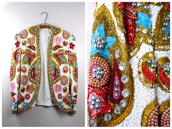 RARE Jewel Embellished GLAM White Sequined Beaded Jacket / Gold