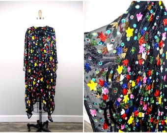 INCREÍBLE Caftán de Ensueño con Joyas Raro / Vestido Kimono Floral con Estrellas de Alta Costura Colorido / Vestido Caftán con Cuentas y Joyas de Lentejuelas Brillantes Boho
