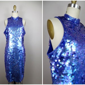 80s 90s Purple Paillette Sequin Dress / Sparkling Iridescent Dress Large XL