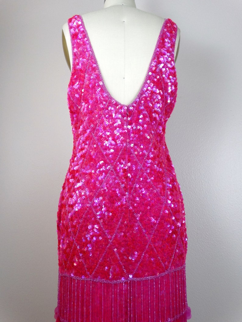 VTG Hot Pink Fringe Beaded Dress // Sequin Embellished Fringed Etsy