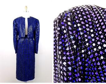 ESCADA Sequin Dress Suit // 1990s Couture Rich Indigo Blue Velvet Sequined Skirt + Bolero Jacket