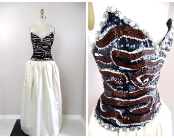 80s Gala Embellished Ballgown // Pearl Beaded Sequined Bustier Dress // Strapless Sweetheart Gown w/ Pockets
