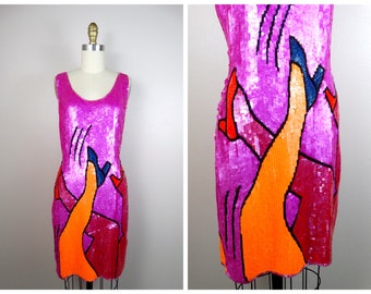 RARE Glamour Sequined Dress / POP ART Vintage Embellished Dress / Artsy Novelty Beaded Dress / The "Legs" Dress by Philippe Albert