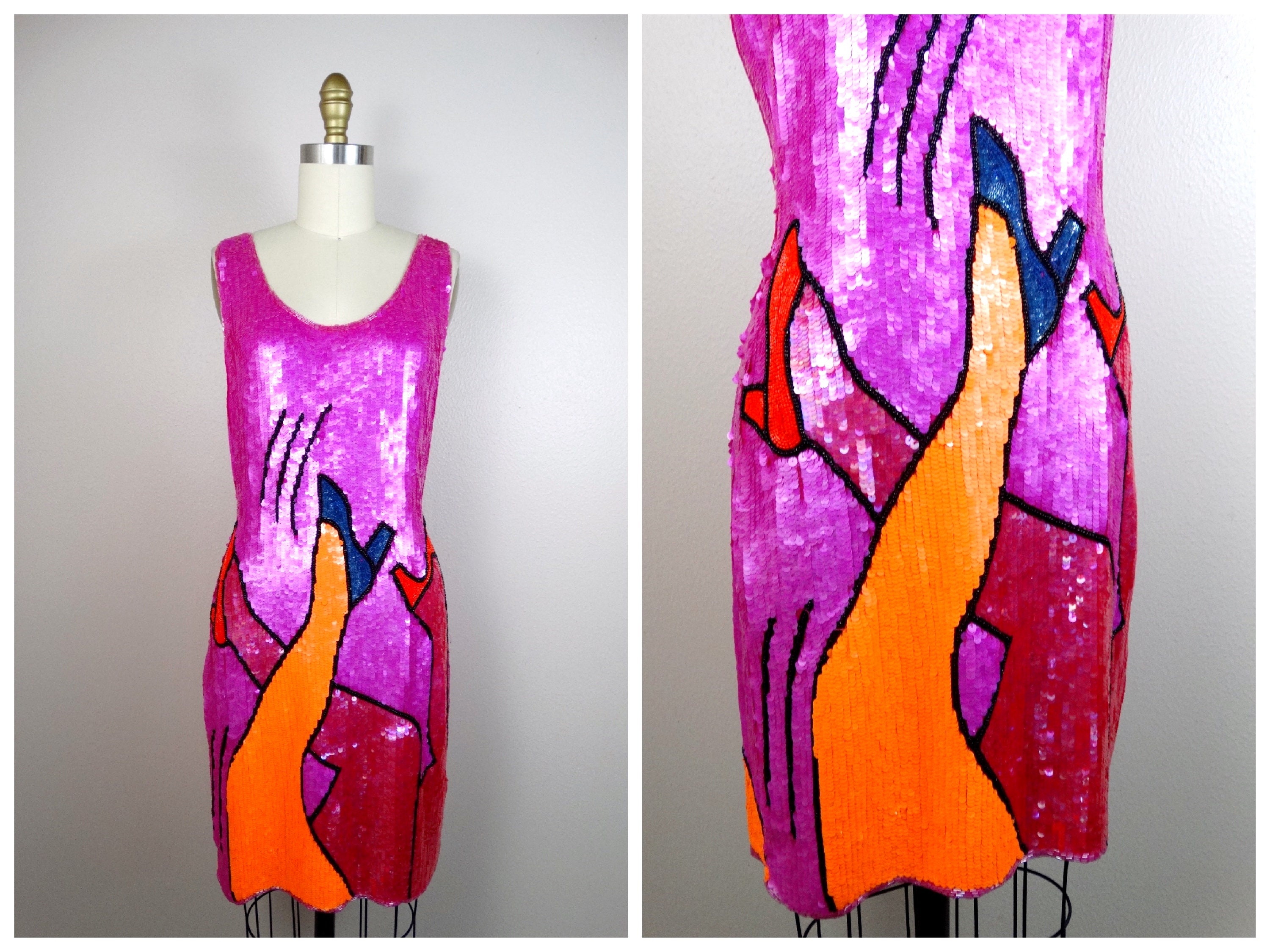 pop art cocktail dress RARE Glamour Sequined Dress / POP ART Vintage Embellished Dress / Artsy  Novelty Beaded Dress / the 