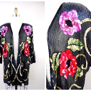 Sheer Silk Beaded Duster // Sequin Embellished Floral Kimono // Vintage Sequined Beaded Dolman Sleeve Long Shrug • Braxae Vintage Co.