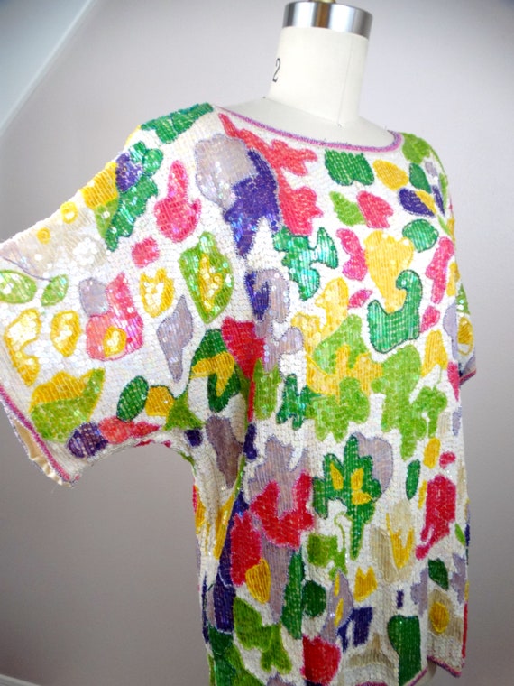 L/XL Bright Sequin Top // Abstract Floral Embelli… - image 2