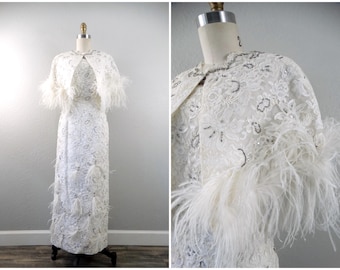 50s 60s Rhinestone Sequin Dress + Bolero Caplet / 1950’s 1960’s Vintage White Cape and Embroidered Gown w/ Feathers