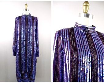 70s Couture Sequin Gown / 1970s Eggplant Dark Purple Mulberry Wine Maroon Silk Hand Embellished Dress / Sequined Beaded Evening Gown